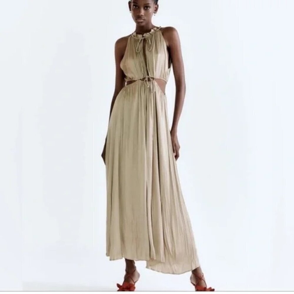NWT Zara Wrinkle Look Satin Effect Sleeveless Cut Out Midi Dress - Size XL